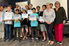 A group of high school students who participated in the WA Cyber Cup with their certificates, along with Hub Director Cecily Rawlinson and Hub Chair Pia Turcinov